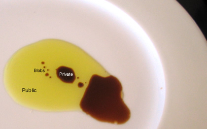The interaction of oil and vinegar on a plate describe the relationship between public and private information in the personal space surrounding an individual, as well as the flow of information between devices.