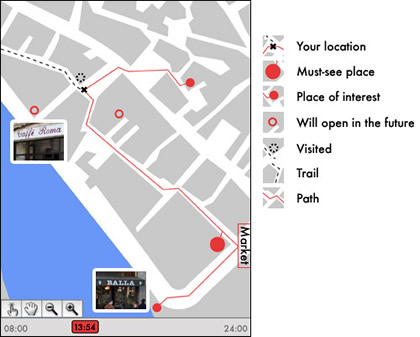 The visitor's GUI with a key to the various symbols. Photos help to connect map locations with real-world landmarks.