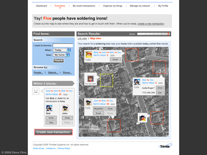 Thimble search results presented on a map.